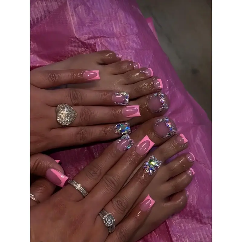 Upgrade Your Look - 48pcs Pink French Style Manicure Set With Rhinestones For Women And Girls Press On Nails Multicolor High Quality Glitter Diy False Toenails nail