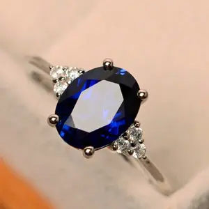 Elegant Blue Oval Zirconia Ring For Women – Luxury Engagement/Wedding Band With White Crystal Accents, Anniversary Jewelry Gift