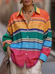 Colorful Striped Woven Shirt Blouse for Women, Casual Boho Blouses, Loose Fit Long Sleeve Button Front Top, Casual Fashion for Daily Wear & Office Use, Womenswear
