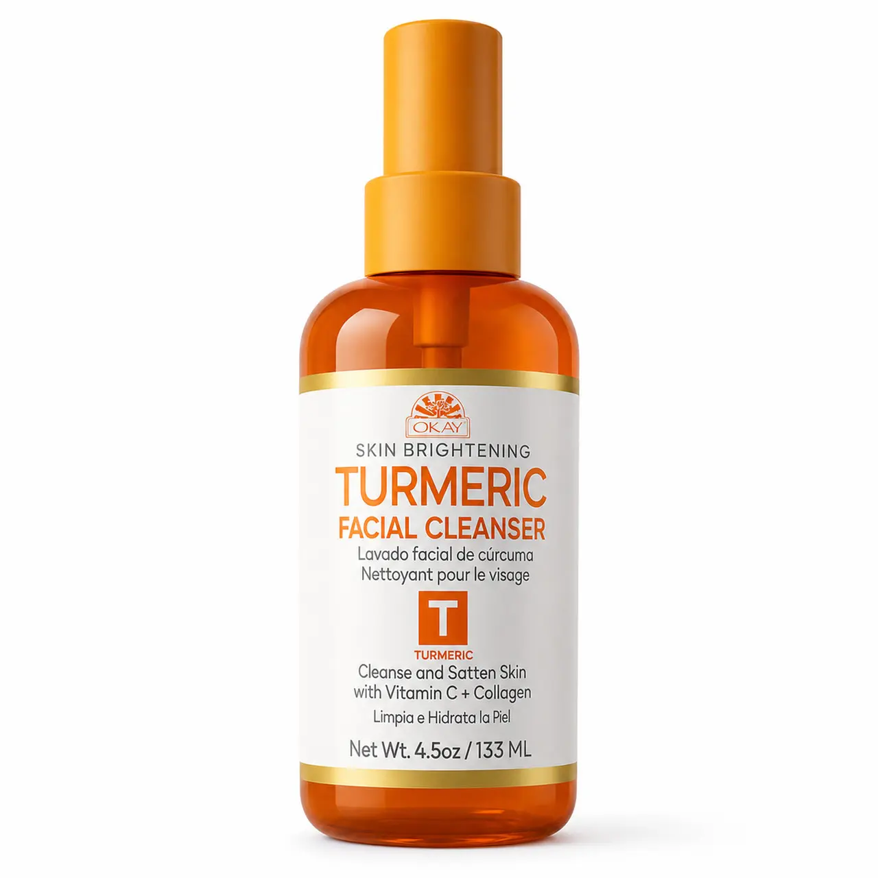 OKAY Turmeric Facial Cleanser - 4.5 oz/133 ml Gentle, Soothing Acne-Fighting Face Wash for Sensitive Skin, Deep Cleansing, Brightening, Evening Complexion, Hydrolyzed Collagen for Smooth Radiance, Daily Use, Remedy For Dark Spots