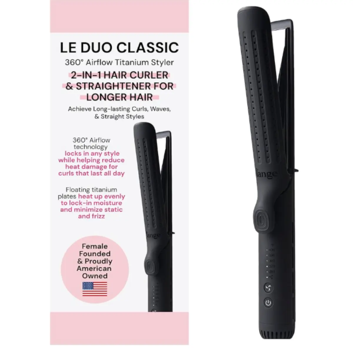 L’Ange Hair Le Duo Grande 360° Airflow Styler | Curl & Straighten with One Tool | 5.3" Snag-Free Titanium Plates | Cooling Air Vents to Set Curls | Adjustable Temp & Auto Shut-Off | Black