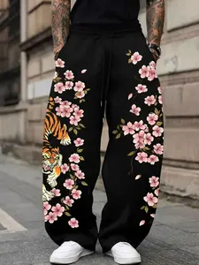 Men's Traditional Eastern Aesthetic Sports Pants, Loose Wide Leg Sweatpants with Roaring Tiger and Cherry Blossom Print, Casual Urban Style