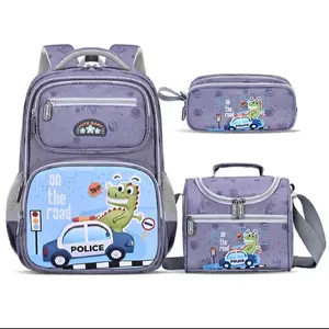 Police Dinosaur Bag Set - Includes Backpack, Lunch Box & Pencil Case with Fun Dinosaur and Police Car Design