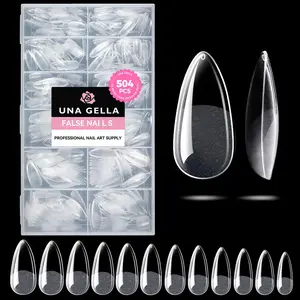 UNA GELLA Almond Gel Nail Tips, 504PCS Pre Etched Clear Fake Nails Tips Medium Almond Shape - 12 Sizes Full Cover Soft Acrylic Press On Nail Extensions No C Curve Gift for Diy at Home
