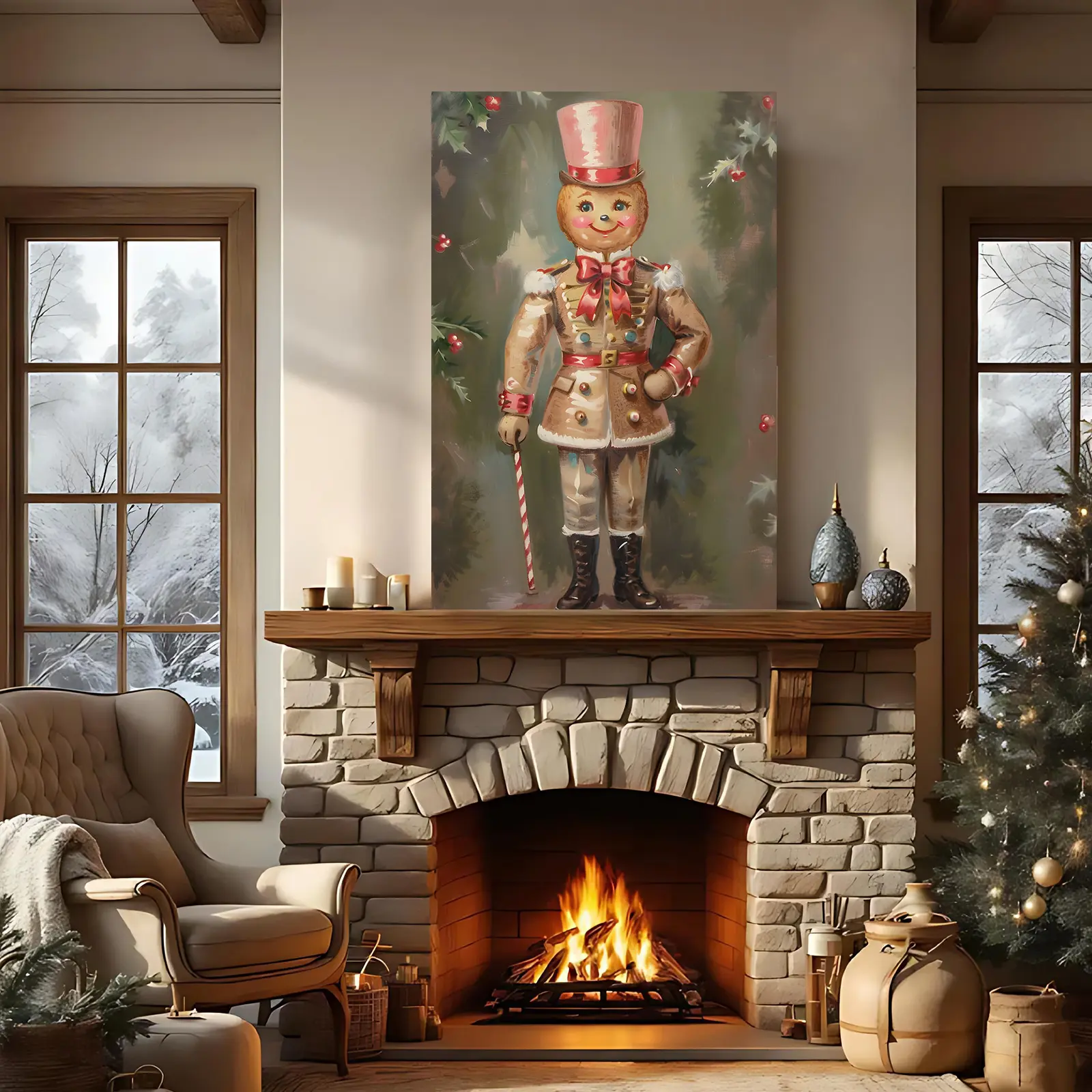 Vertical Vintage Christmas Gingerbread Nutcracker Canvas Wall Art, Gallery-Wrap HD Oil Print, Ready-to-Hang Farmhouse Fireplace Room Decor, Holiday Home Gift for Christmas, Hanging
