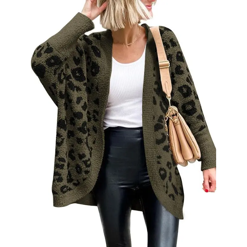 LittleFishOutdoor cardigan cardigans cardigan for women oversized sweater for women adies Loose Knitted Open Cardigan Trendy Leopard Print Sweater Jaet Soft Fabric Button Detail Mid-Length Warmth for Girls