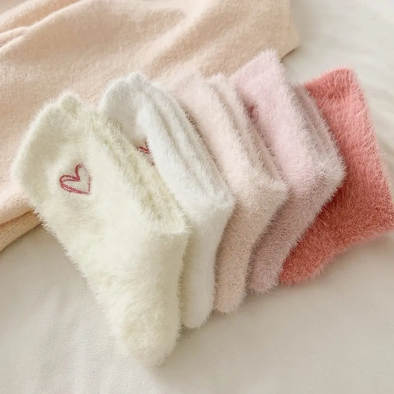Five Pairs Heart Embroidery Socks for Women - Cute & Warm Soft Ankle Socks, Fuzzy Stretchy, Everyday Wear, Comfortable Winter Stockings - Love Womenswear Embroidered