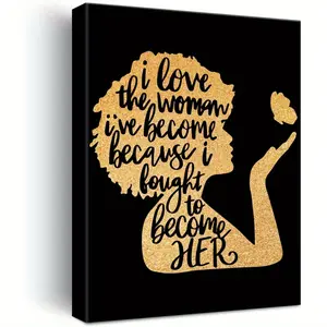 1pc Framed 2D Flat Canvas Wall Art - Empowering African American Woman Portrait with Afro Hair, Golden Foil Lettering, Motivational "I Love the Woman I've Become" Quote, Black-Golden Juneteenth Inspirational Decor for Home Office, Kid Room, Wardrobe