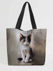 Cat Pattern Printed Casual Storage Bag, Night Scene, Fashionable and Trendy, Suitable for Daily Shopping, Office, and Various Occasions, Tote Bags
