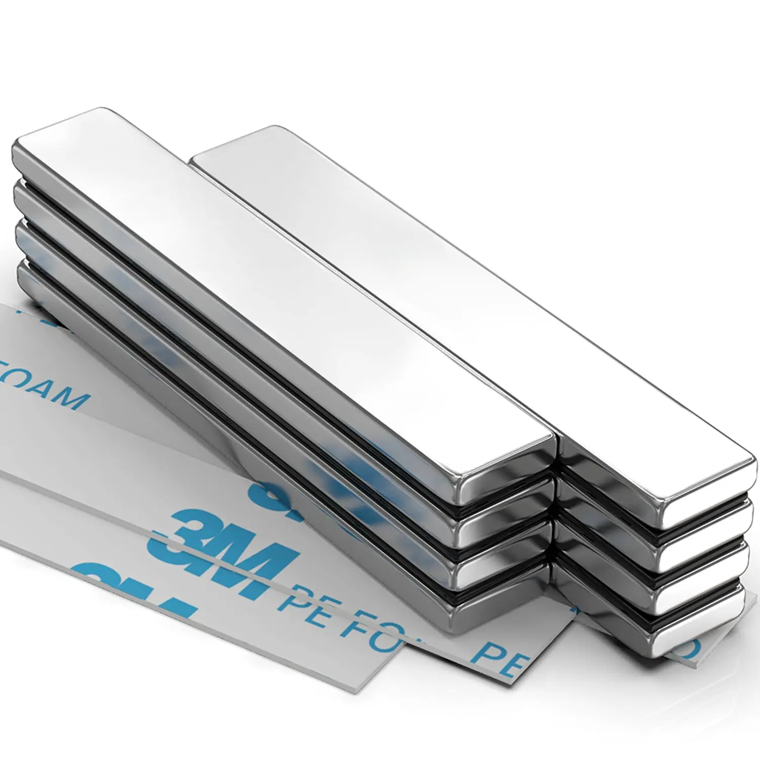 8-Pack Heavy Duty Rare Earth Neodymium Magnets, 60x10x3 mm Silver Rectangular Magnetic Bar with Double-Sided Adhesive Strip for Fridge, Garage, Office