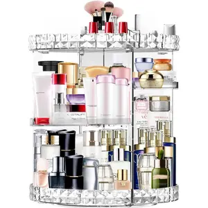 Makeup Organizer 360 Degree Rotating 7 Adjustable Layers Large Capacity Cosmetic Organizer Transparent Make Up Organizers and Storage Divided Compartments Installation