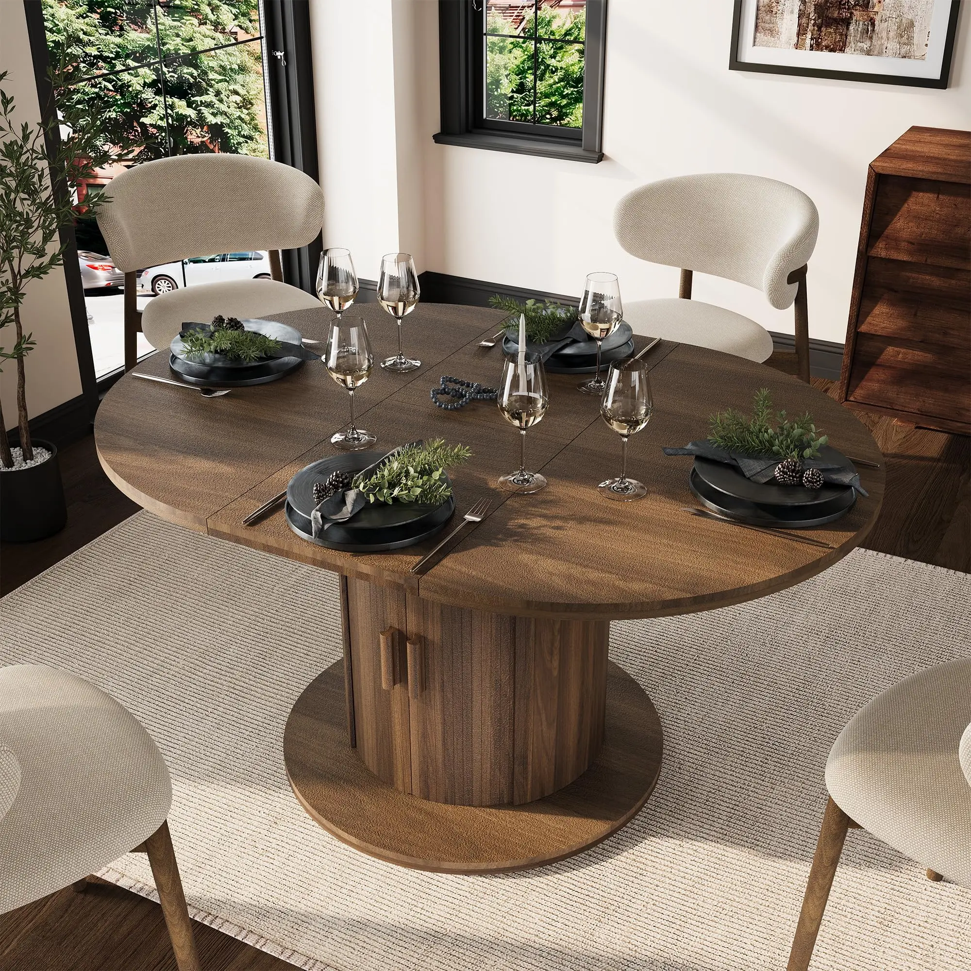 Garvee Space-Saving Extendable Oval Dining Table with Storage - Retractable Roller Shutter Top, Durable MDF - Light Walnut Finish