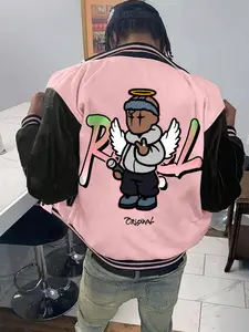 [hotline miami jacket]Men's College Style Letter Cartoon Sports Jacket, Lightweight Casual Long Sleeve Design, Perfect for Daily Wear & Outdoor Activities