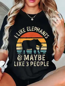100% Cotton Unisex I Like Elephants And Maybe Like 3 People Elephant Retro T-Shirt Casual Top