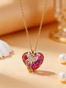 Heart-Shaped Artificial Crystal Pendant Necklace, Butterfly Design High-End Clavicle Chain, 1 Piece Set, Elegant Jewelry for Women