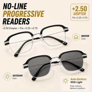 +2.50 progressive reading glasses, fits +2.25 to +2.75, no line progressive readers, photochromic readers, blue light reading glasses, semi-rimless readers, auto darkening readers