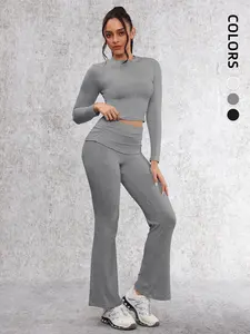 Women's Casual Long Sleeve Top and Wide Leg Pants Set, Waist Folded Pleated Design, Elegant Daily Wear, Comfortable Fashion Style