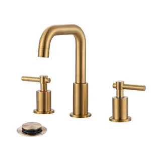 WOWOW Brushed Gold 8 in. Widespread Double Handle High-Arc Bathroom Faucet with Pop-up Drain Kit