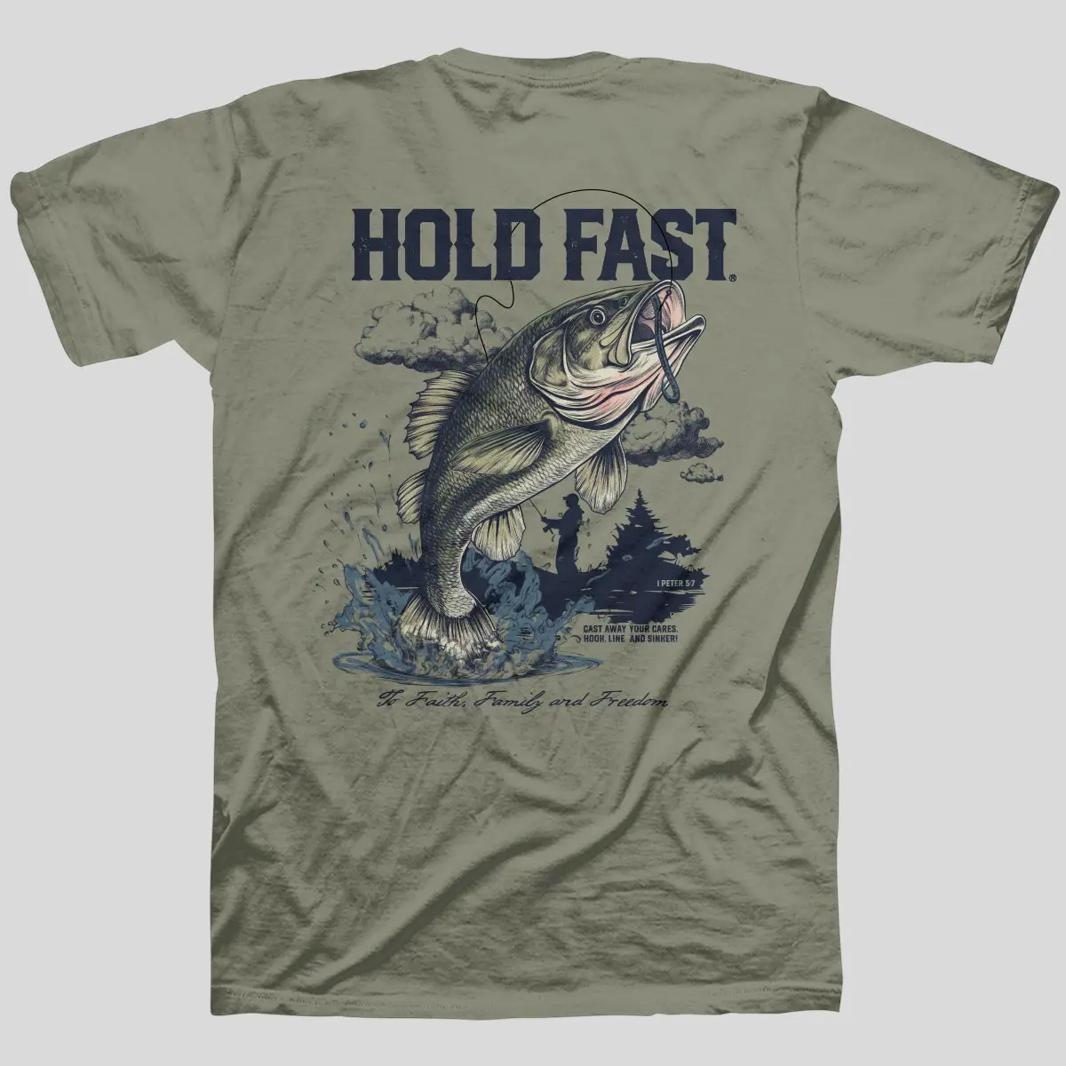 HOLD FAST Mens T-Shirt Fishing™ Sage 100% Cotton Fitted Short Sleeve Crew Neck Graphic Tee for Outdoor Sportsmen