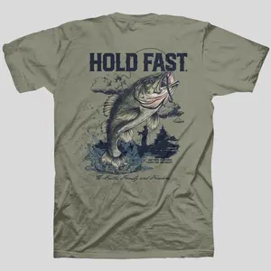 HOLD FAST Mens T-Shirt Fishing™ Sage 100% Cotton Fitted Short Sleeve Crew Neck Graphic Tee for Outdoor Sportsmen