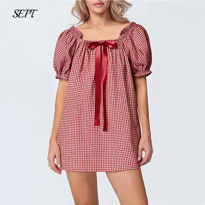 knee length dresses for ladies Ladybug Gingham Mini Dress Red main image 1