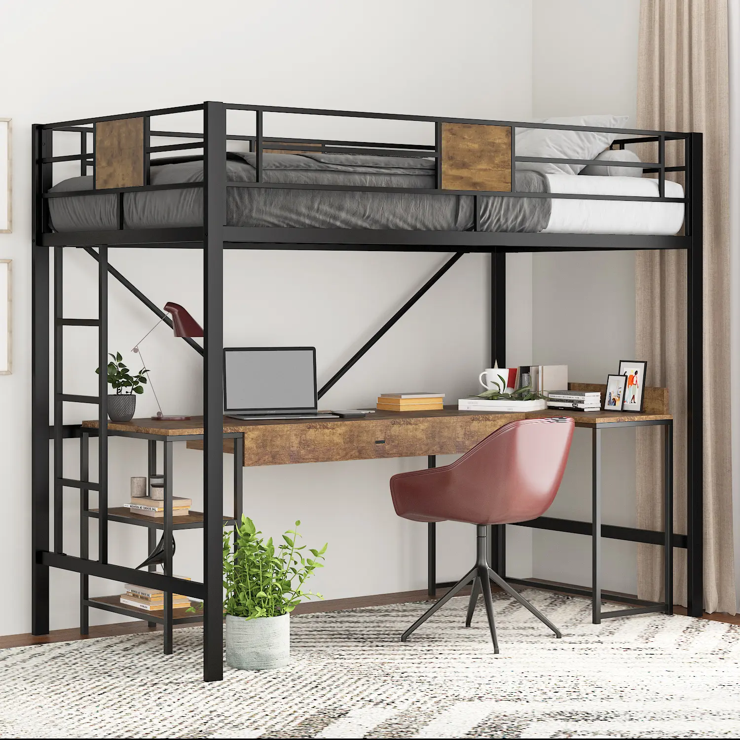 MUTICOR Rustic Style Twin Size Loft Bed Frame with Fully Enclosed Guardrail,【Frame Only No Mattress】 Removable Ladders, Space-Saving, Black#TikTokShopDealsforYouDays#DealsforYouDays#Summervibes#Summergarden