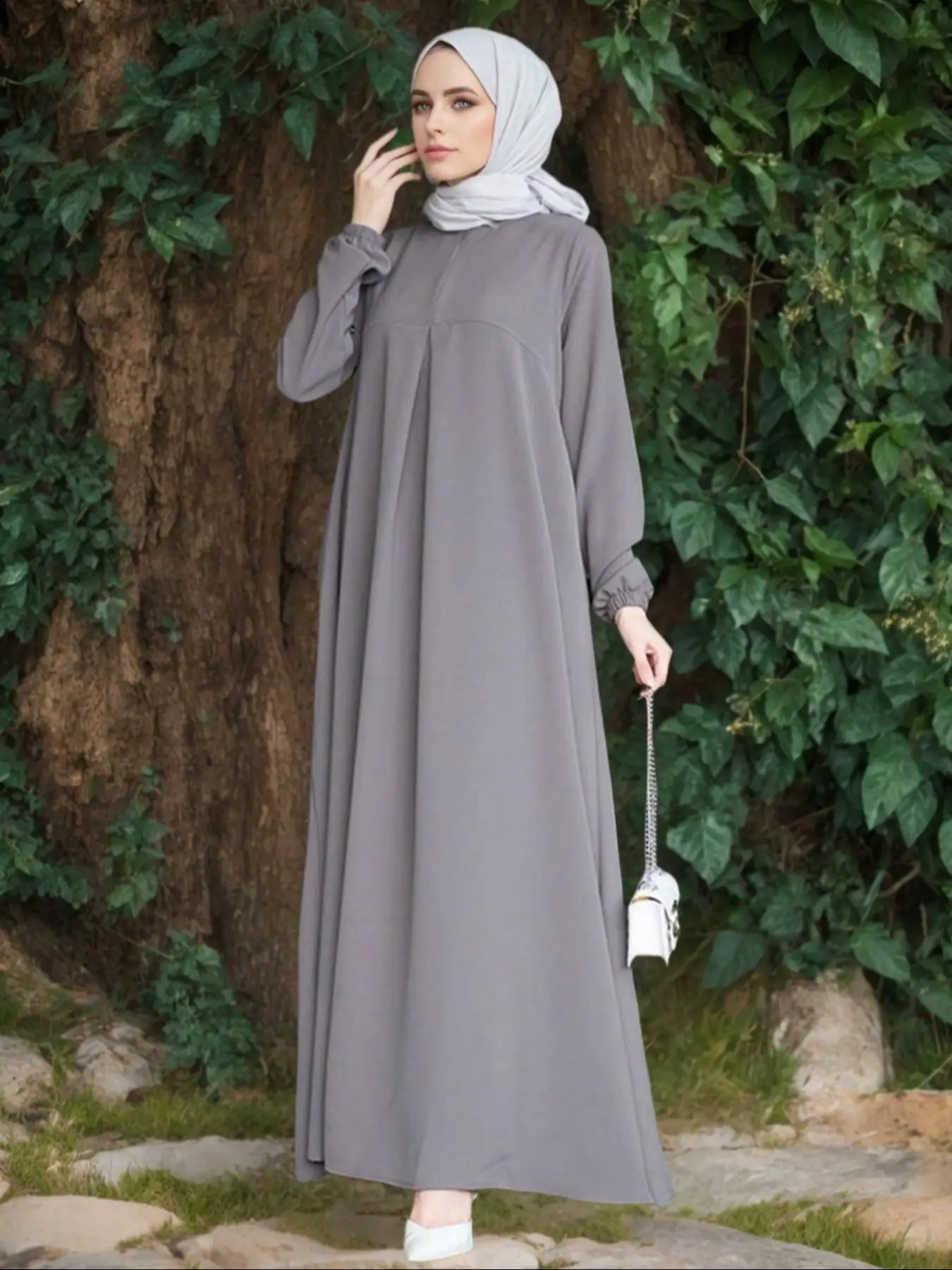 Fashion Women's Solid Color Round Neck Loose Long Sleeve Maxi Dress, Casual Style Long Robe Dress for Daily Wear