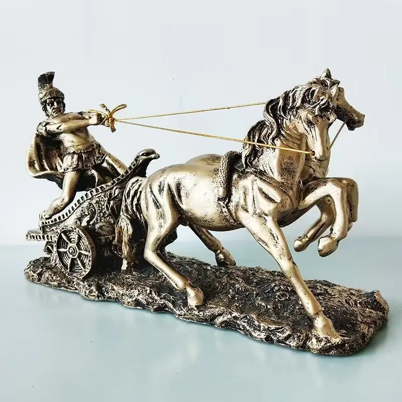 Roman War Chariot Warrior Statue, Bronze Texture Resin Sculpture, Home Decor Sculptures, Includes Two Horses, Ideal for Home and Office Decor