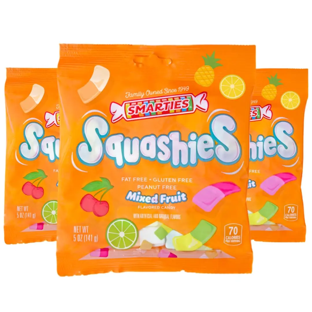 Smarties Squashies 3 pack Mixed Fruit Foam Marshmallows Gummies Candy Gluten Free Gummy Candy Bulk Peanut Free Perfect for Birthday & Holiday Party Favors - 5 oz Candy Bags