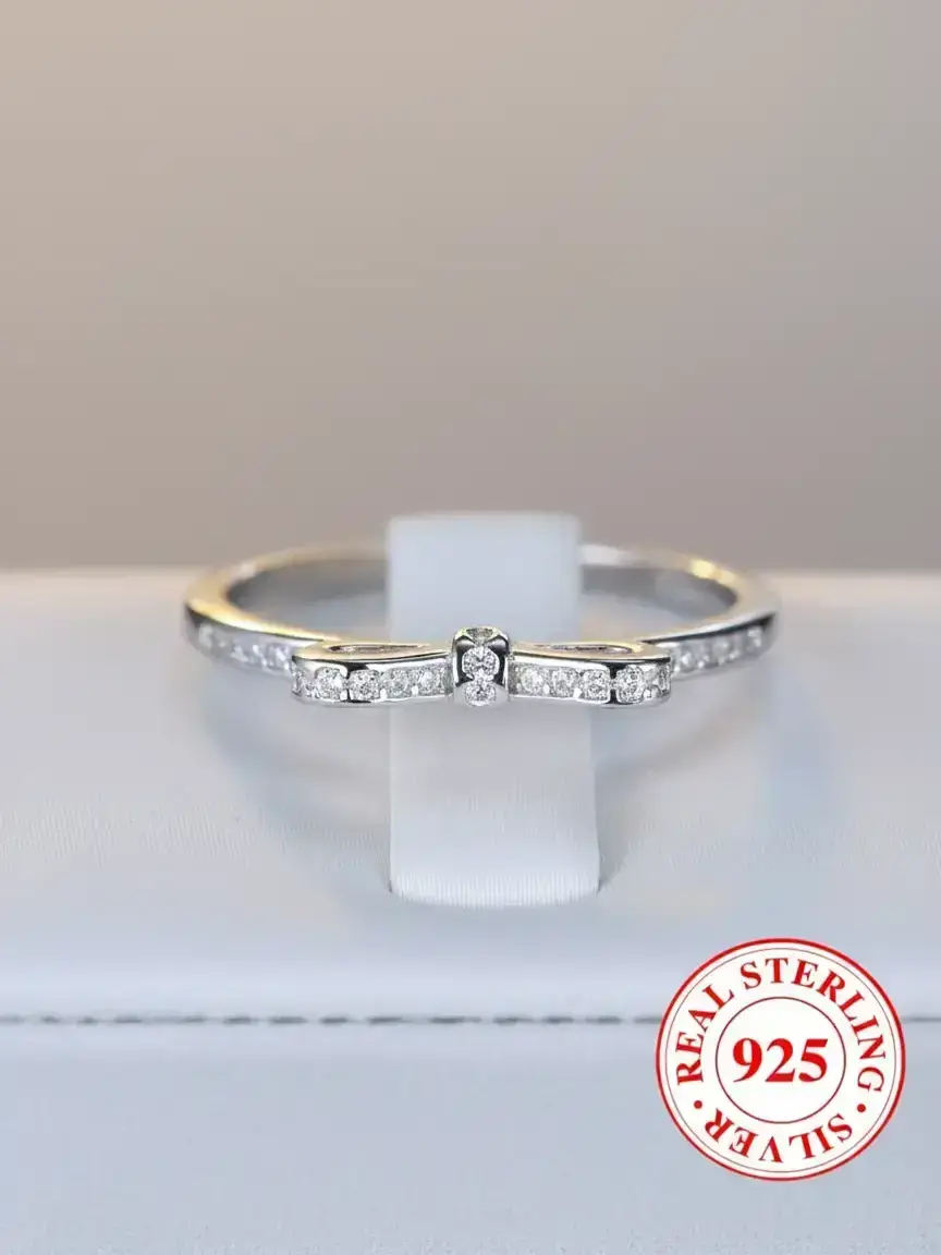 S925 Sterling Silver Bowknot Design Artificial Zircon Decor Promise Ring, Pave Engagement Ring for Women, All-match Jewelry for Birthday Gift, Fashion Engagement Rings, Unique Gifts for Women, Engagement Wedding Rings, Beautiful Rings