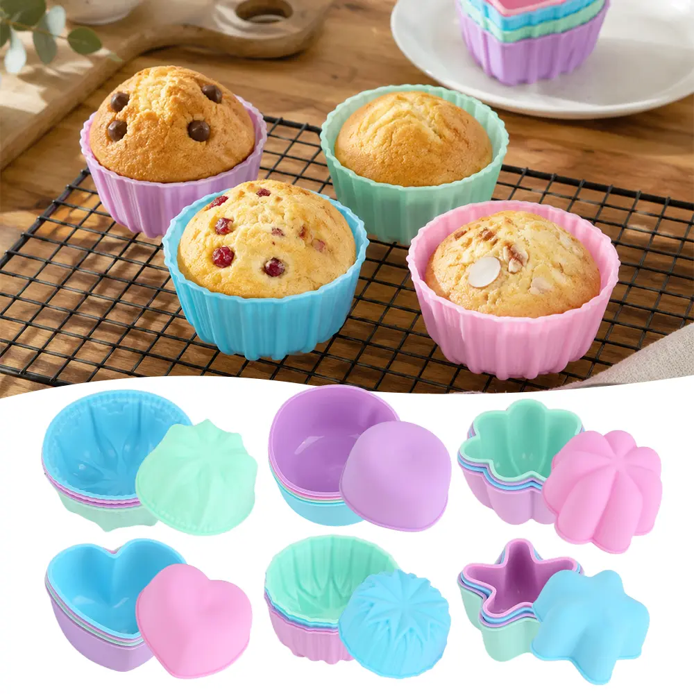 24PCS Silicone Donut Mold, 3.15" Diameter 1.45" Deep Small Reusable Baking Cups, Non-Stick, 6 Shape Silicone Molds, Heat Resistant Bakeware for Bagel, Muffin, Jello and Cake Baking