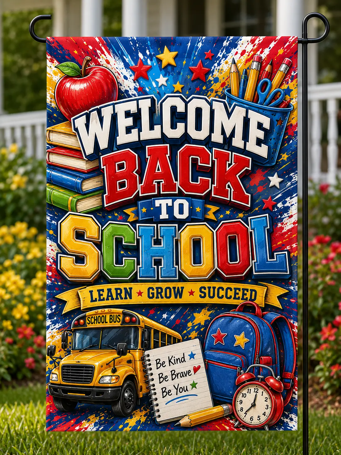 Welcome Back To School Flag, School Bus Apple Books Backpack Classroom Decor Outdoor Garden Flag & House Flag