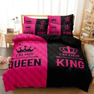 3pcs Couple's King & Queen Printed Duvet Cover Set（1 Duvet Cover + 2 Pillowcases，No Core）All-Season Home and Bedroom Soft Bedding Sets High Definition Romantic Heart Crown Design, Pink Black Contrast for Sweetness with Elegance