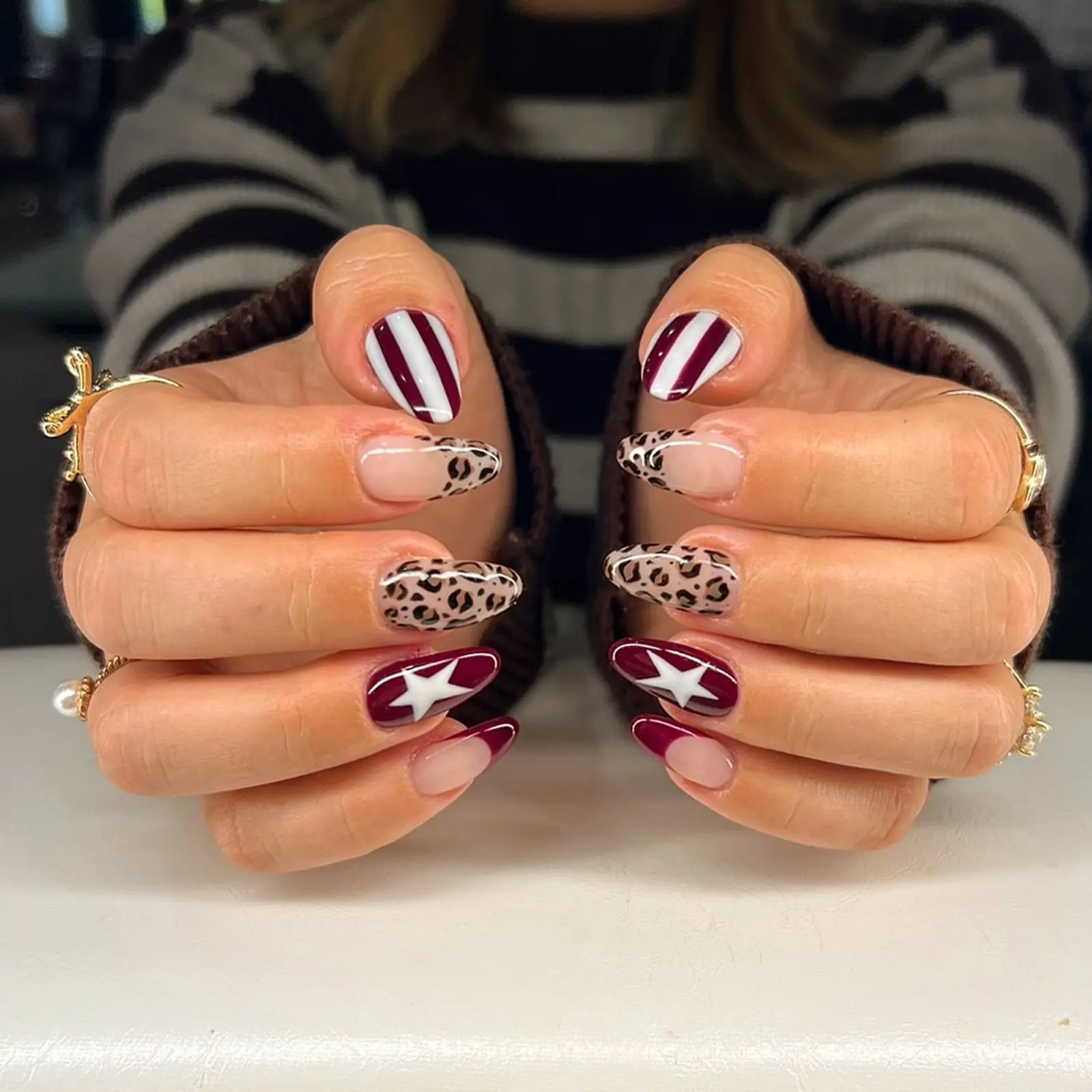 24pcs Short Waterdrop Press-On Nails, Fake Nails, Decorative Nails, Press On Sets, Striped Star Print French Leopard Color Block Nail Art Design, Includes Jelly Glue and File, French Tips Nails, Diy Nails Art