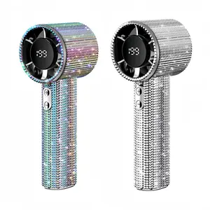 Diamond Fan Luxury Bling Portable Handheld Turbo Fan 3 Gear Wind Rechargeable Long Battery Life Hand Fan With Digital Display For Outdoor Activities Travel Office Strong Boosting Output Long Distance Blowing