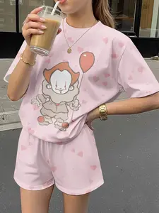 Pink Heart Pennywise Clown Set Digital Printing Set, a sweet and lovely casual outfit, suitable for daily and outdoor sports T-shirt and shorts set, a perfect gift for girls