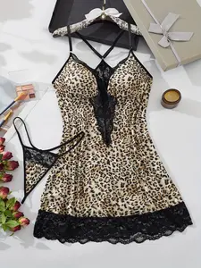 【Plus Size】 Leopard Print Cami Sleeveless Nightdress & Panty Sexy Fitted Pyjamas Set, Nightgown & Panty Two-piece Set, Women's Underwear Sleepwear & Loungewear for Summer Pjs