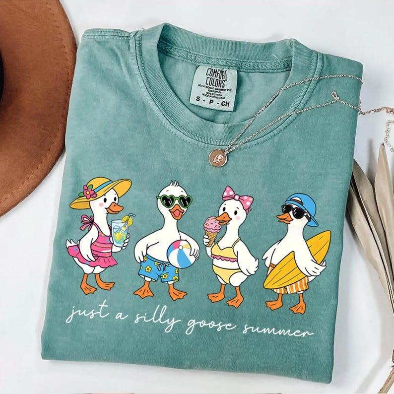 Comfort Colors Just A Silly Goose Summer Shirt, Beach Vacation Tee, Retro Goose Graphic T-Shirt, Funny Summer Shirts, Girls Trip Shirt