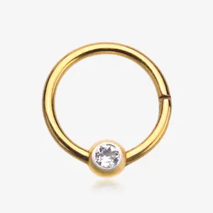 Pure24K Implant Grade Titanium Front Gem Ball CBR Style Seamless Clicker Hoop Ring 24 Karat Gold PVD Bio Compatible for Septum Ear Facial Piercings