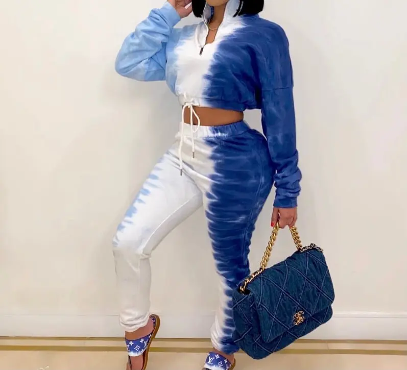 Sky Blue Ombré Two-Piece Set - Long Sleeve Crewneck Top & White Pants with Drawstring Waist, Casual Style for Women