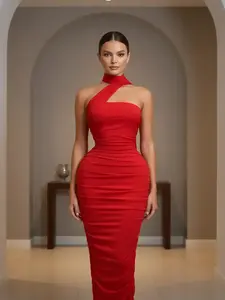 PULKRITU Women's Sleeveless Stacked Pleated Scarf Fitted Midi Maxi Length Dress, Party Outfit Prom Formal Elegant Dress, Red Engagement Gown Dress, Lady Skirt Birthday Party Evening Trendy Dresses, Formal Bodycon Dress