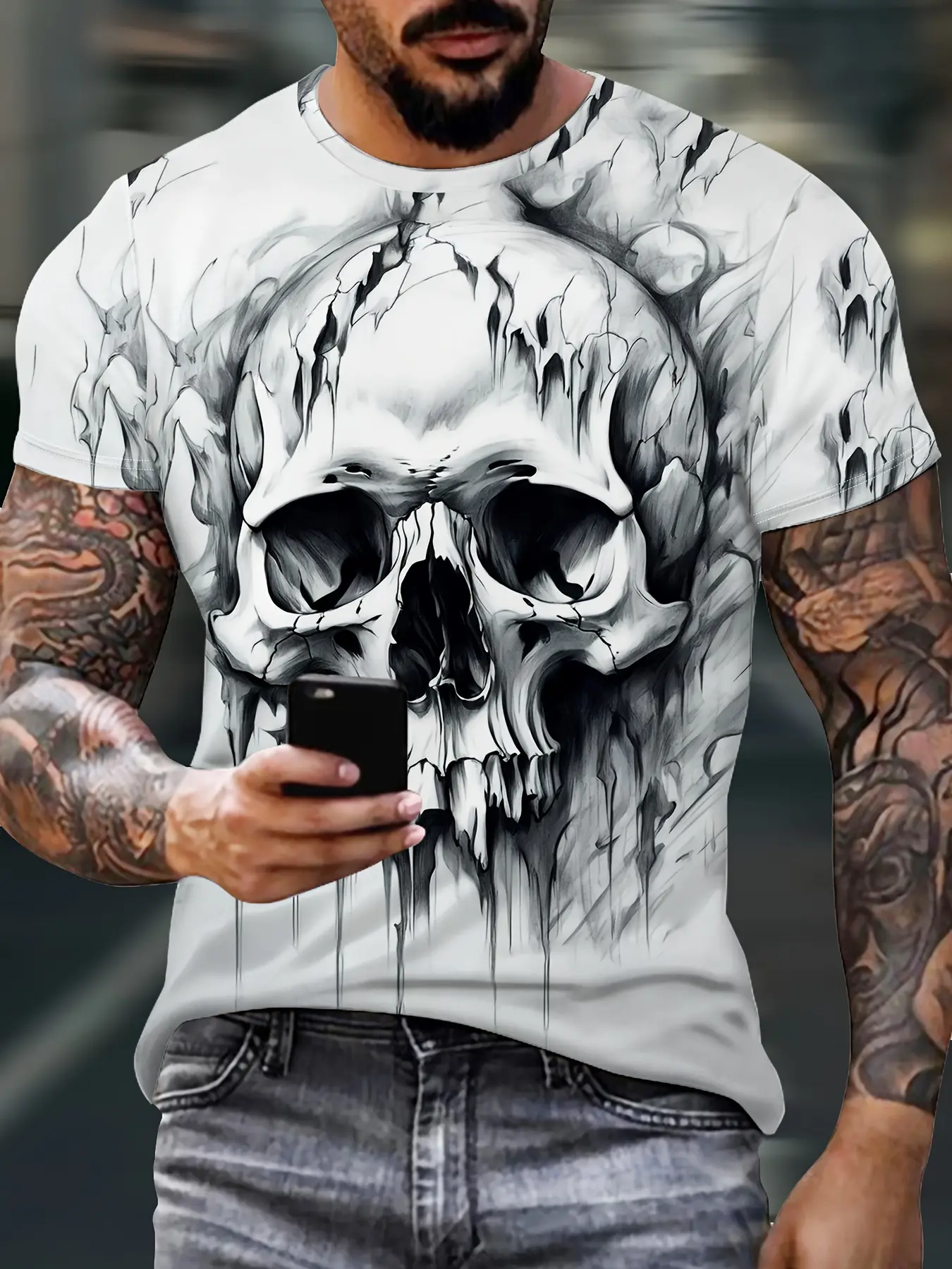 Men's Vintage Classic Skull Print T-Shirt, Menswear, 3D Stereo Print Street Style Short Sleeve Round Neck, Casual Fitted Top for All Seasons, Casual Streetwear Top, Casual Street Fashion