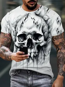 Men's Vintage Classic Skull Print T-Shirt, Menswear, 3D Stereo Print Street Style Short Sleeve Round Neck, Casual Fitted Top for All Seasons