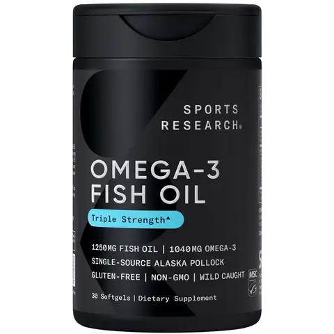 Sports Research Triple Strength Omega 3 Fish Oil 1250mg Wild Alaska Pollock Burpless Supplement with EPA & DHA 30 Softgels Non-GMO Gluten Free - Fitness
