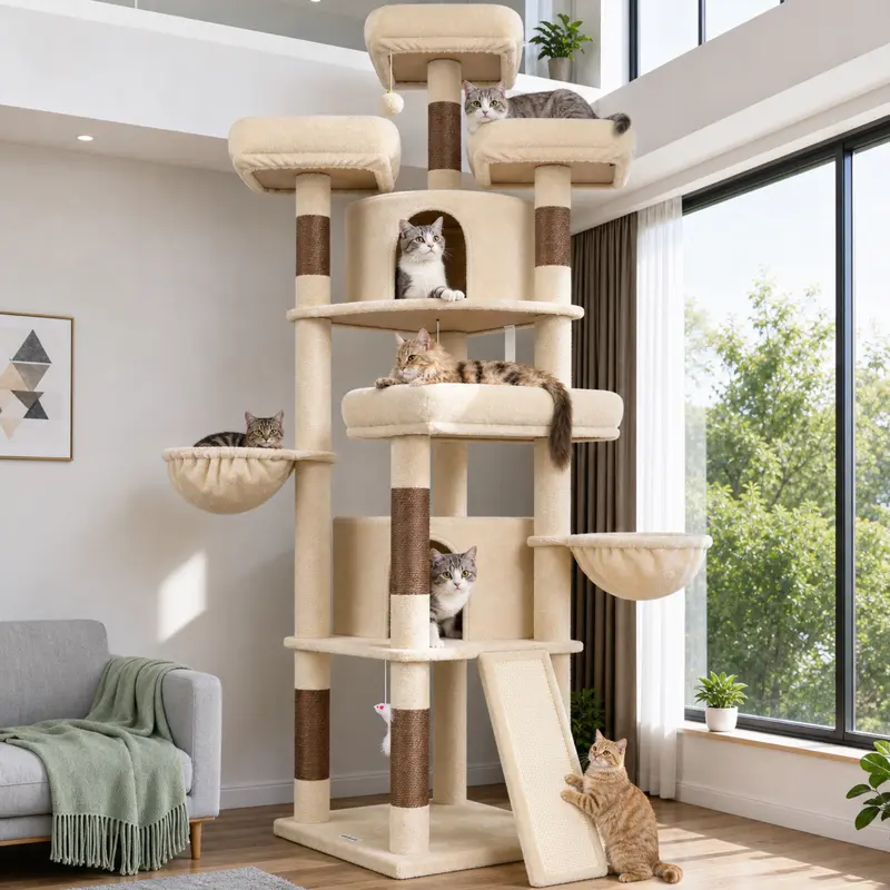 Deskat 80-Inch Tall Indoor Multi-Level Cat Tree for Large Cats - Fabric, 6 Sisal Posts, Durable Scratching Surfaces, 2 Condos, 2 Hammocks, 4 Perches, Scratch Board Zone, Vertical Tower for Climbing & Cozy Sleep