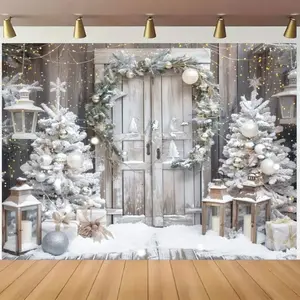 Elegant White Festive Christmas Winter Backdrop Banner - Christmas Trees, Gift Boxes, and Lanterns - Indoor Party Decor - Vinyl Material - Suitable for Christmas Parties Ornaments Decoration