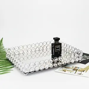 Silver/Gold Rectangular Crystal Mirror Tray - Decorative Storage Tray with Crystal Decor, Metal Organizer Racks
