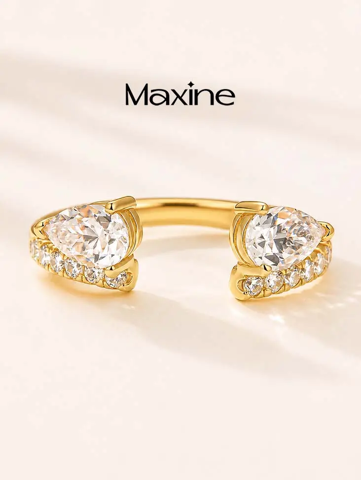 MAXINEJEWELRY Women's Pear Cut Yellow Gold Open Wedding Band - 5A Cubic Zirconia Promise Ring for GF, Ideal for Proposal, Anniversary, Promise Rings