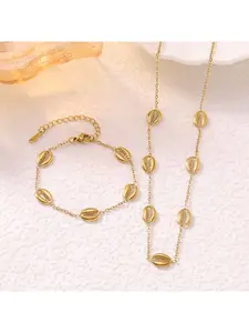 Stainless Steel Cowrie Shell Jewelry Set, Gold Tone, Station Chain Necklace and Adjustable Bracelet with Cowrie Shell Charms, Beach Inspired Statement Jewelry Set for Women