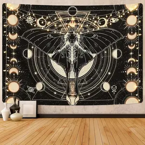 Moon Phase Tapestry Vintage Butterfly Tapestry Psychedelic Moth Tapestry Black Moon and Stars Tapestries Aesthetic Wall Art Tapestry Wall Hanging for Room(51.2" x 59.1")